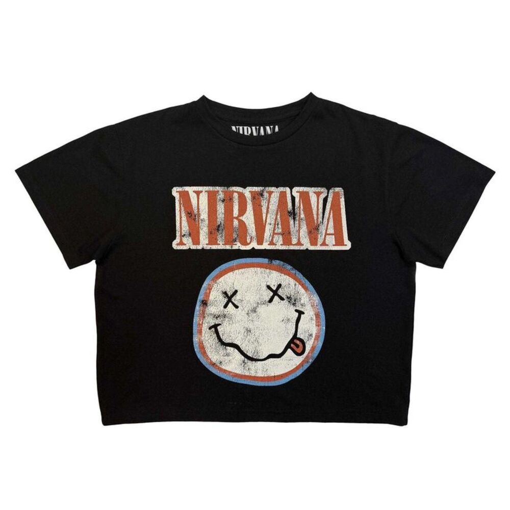 Nirvana Womens/Ladies Distressed Logo Crop T-Shirt / Black